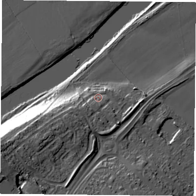 Shaded relief map of the ground around NG118PE, computed from Environment Agency LiDAR. The ground here sits at about 30 m above sea level and falls 36 m across the surrounding 800 m. Surface water reaching this point runs off ground lying to the south-west, 21.0 m higher.