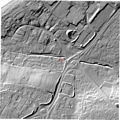 Shaded relief map of the ground around NG118PW, computed from Environment Agency LiDAR. The ground here sits at about 41 m above sea level and falls 31 m across the surrounding 800 m. Surface water reaching this point runs off ground lying to the south-west, 13.5 m higher.