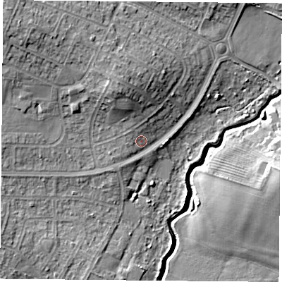 Shaded relief map of the ground around NG119AD, computed from Environment Agency LiDAR. The ground here sits at about 32 m above sea level and falls 15 m across the surrounding 800 m. Surface water reaching this point runs off ground lying to the north-north-west, 7.4 m higher.