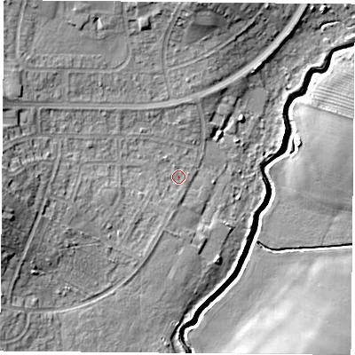 Shaded relief map of the ground around NG119DQ, computed from Environment Agency LiDAR. The ground here sits at about 30 m above sea level and falls 13 m across the surrounding 800 m. Surface water reaching this point runs off ground lying to the west, 8.9 m higher.