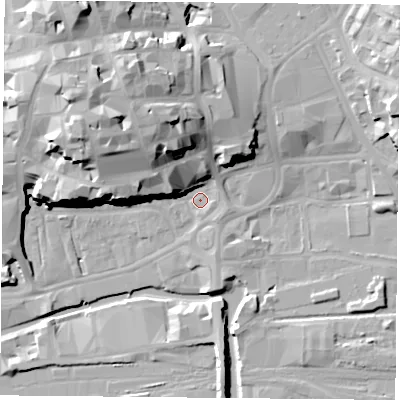 Shaded relief map of the ground around NG11BH, computed from Environment Agency LiDAR. The ground here sits at about 25 m above sea level and falls 27 m across the surrounding 800 m. Surface water reaching this point runs off ground lying to the west-north-west, 15.9 m higher.