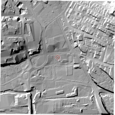 Shaded relief map of the ground around NG11GF, computed from Environment Agency LiDAR. The ground here sits at about 25 m above sea level and falls 41 m across the surrounding 800 m. Surface water reaching this point runs off ground lying to the north-east, 40.4 m higher.