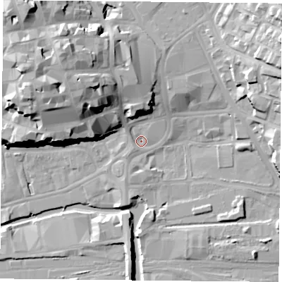 Shaded relief map of the ground around NG11GP, computed from Environment Agency LiDAR. The ground here sits at about 25 m above sea level and falls 27 m across the surrounding 800 m. Surface water reaching this point runs off ground lying to the west-north-west, 24.1 m higher.