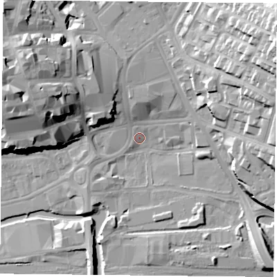 Shaded relief map of the ground around NG11GR, computed from Environment Agency LiDAR. The ground here sits at about 25 m above sea level and falls 30 m across the surrounding 800 m. Surface water reaching this point runs off ground lying to the west-north-west, 24.7 m higher.
