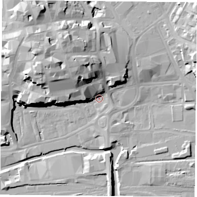 Shaded relief map of the ground around NG11GS, computed from Environment Agency LiDAR. The ground here sits at about 25 m above sea level and falls 27 m across the surrounding 800 m. Surface water reaching this point runs off ground lying to the west, 13.6 m higher.