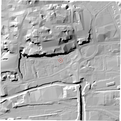 Shaded relief map of the ground around NG11GW, computed from Environment Agency LiDAR. The ground here sits at about 25 m above sea level and falls 27 m across the surrounding 800 m. Surface water reaching this point runs off ground lying to the north-west, 17.2 m higher.