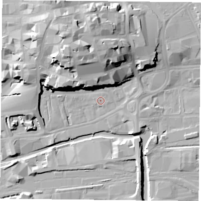 Shaded relief map of the ground around NG11GX, computed from Environment Agency LiDAR. The ground here sits at about 25 m above sea level and falls 27 m across the surrounding 800 m. Surface water reaching this point runs off ground lying to the north, 0.6 m higher.