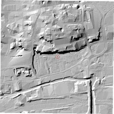 Shaded relief map of the ground around NG11GY, computed from Environment Agency LiDAR. The ground here sits at about 25 m above sea level and falls 27 m across the surrounding 800 m. Surface water reaching this point runs off ground lying to the north, 18.7 m higher.