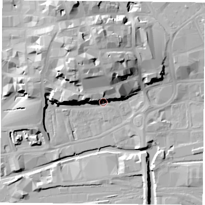 Shaded relief map of the ground around NG11RB, computed from Environment Agency LiDAR. The ground here sits at about 31 m above sea level and falls 27 m across the surrounding 800 m. Surface water reaching this point runs off ground lying to the west-north-west, 18.7 m higher.