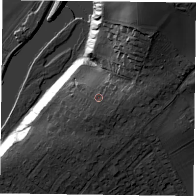 Shaded relief map of the ground around NG121AY, computed from Environment Agency LiDAR. The ground here sits at about 47 m above sea level and falls 46 m across the surrounding 800 m. Surface water reaching this point runs off ground lying to the south-east, 1.8 m higher.