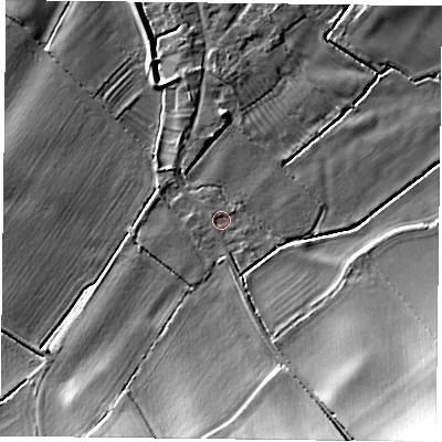 Shaded relief map of the ground around NG121ED, computed from Environment Agency LiDAR. The ground here sits at about 19 m above sea level and falls 22 m across the surrounding 800 m. Surface water reaching this point runs off ground lying to the south-east, 17.4 m higher.