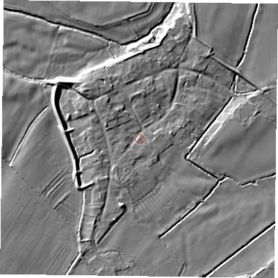Shaded relief map of the ground around NG121EE, computed from Environment Agency LiDAR. The ground here sits at about 19 m above sea level and falls 7 m across the surrounding 800 m. Surface water reaching this point runs off ground lying to the north-west, 4.3 m higher.