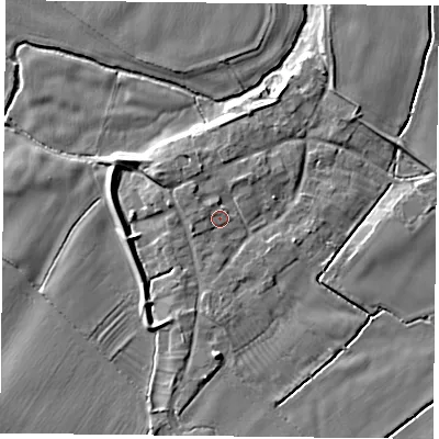 Shaded relief map of the ground around NG121EF, computed from Environment Agency LiDAR. The ground here sits at about 19 m above sea level and falls 6 m across the surrounding 800 m. Surface water reaching this point runs off ground lying to the north-west, 4.3 m higher.