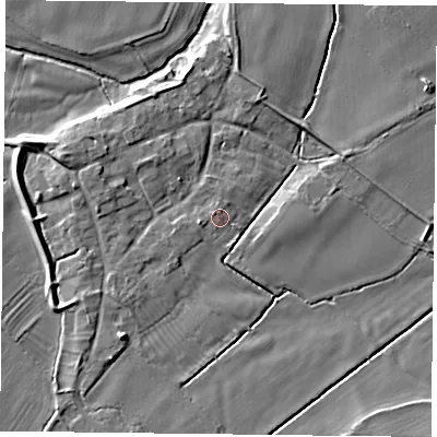 Shaded relief map of the ground around NG121EG, computed from Environment Agency LiDAR. The ground here sits at about 19 m above sea level and falls 7 m across the surrounding 800 m. Surface water reaching this point runs off ground lying to the west-south-west, 2.6 m higher.