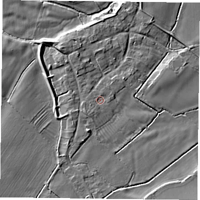 Shaded relief map of the ground around NG121EH, computed from Environment Agency LiDAR. The ground here sits at about 18 m above sea level and falls 8 m across the surrounding 800 m. Surface water reaching this point runs off ground lying to the south-west, 1.3 m higher.