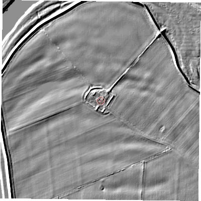 Shaded relief map of the ground around NG121EL, computed from Environment Agency LiDAR. The ground here sits at about 17 m above sea level and falls 5 m across the surrounding 800 m. Surface water reaching this point runs off ground lying to the north-east, 1.4 m higher.
