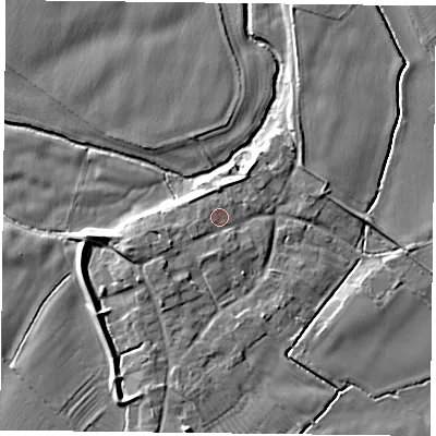 Shaded relief map of the ground around NG121EN, computed from Environment Agency LiDAR. The ground here sits at about 19 m above sea level and falls 6 m across the surrounding 800 m. Surface water reaching this point runs off ground lying to the west-south-west, 1.6 m higher.