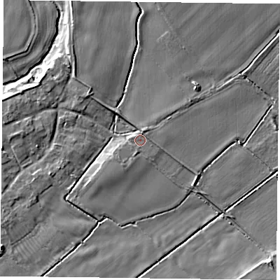 Shaded relief map of the ground around NG121EP, computed from Environment Agency LiDAR. The ground here sits at about 19 m above sea level and falls 8 m across the surrounding 800 m. Surface water reaching this point runs off ground lying to the north-north-east, 0.9 m higher.