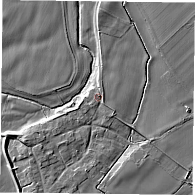 Shaded relief map of the ground around NG121EQ, computed from Environment Agency LiDAR. The ground here sits at about 19 m above sea level and falls 6 m across the surrounding 800 m. Surface water reaching this point runs off ground lying to the north-east, 1.4 m higher.