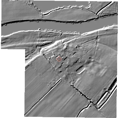 Shaded relief map of the ground around NG121ER, computed from Environment Agency LiDAR. The ground here sits at about 19 m above sea level and falls 5 m across the surrounding 800 m. Surface water reaching this point runs off ground lying to the north-east, 1.1 m higher.