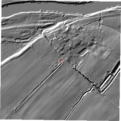 Shaded relief map of the ground around NG121ES, computed from Environment Agency LiDAR. The ground here sits at about 18 m above sea level and falls 5 m across the surrounding 800 m. Surface water reaching this point runs off ground lying to the north, 1.7 m higher.