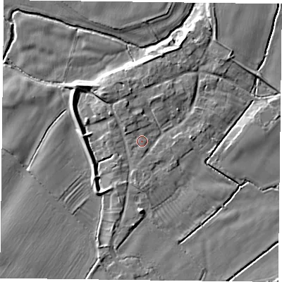 Shaded relief map of the ground around NG121ET, computed from Environment Agency LiDAR. The ground here sits at about 19 m above sea level and falls 7 m across the surrounding 800 m. Surface water reaching this point runs off ground lying to the north-west, 4.3 m higher.