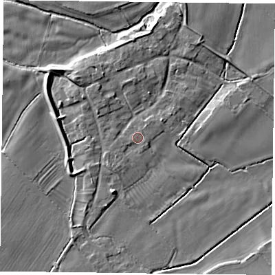 Shaded relief map of the ground around NG121EU, computed from Environment Agency LiDAR. The ground here sits at about 19 m above sea level and falls 7 m across the surrounding 800 m. Surface water reaching this point runs off ground lying to the south-west, 1.3 m higher.