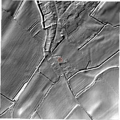 Shaded relief map of the ground around NG121EW, computed from Environment Agency LiDAR. The ground here sits at about 19 m above sea level and falls 18 m across the surrounding 800 m. Surface water reaching this point runs off ground lying to the east-south-east, 1.2 m higher.