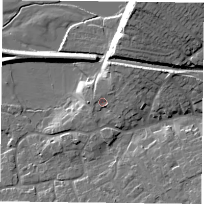 Shaded relief map of the ground around NG122AN, computed from Environment Agency LiDAR. The ground here sits at about 26 m above sea level and falls 26 m across the surrounding 800 m. Surface water reaching this point runs off ground lying to the north-north-east, 2.5 m higher.