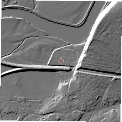 Shaded relief map of the ground around NG122AP, computed from Environment Agency LiDAR. The ground here sits at about 21 m above sea level and falls 28 m across the surrounding 800 m. Surface water reaching this point runs off ground lying to the west, 0.9 m higher.