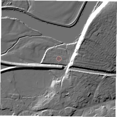 Shaded relief map of the ground around NG122AQ, computed from Environment Agency LiDAR. The ground here sits at about 21 m above sea level and falls 29 m across the surrounding 800 m. Surface water reaching this point runs off ground lying to the south-east, 0.9 m higher.
