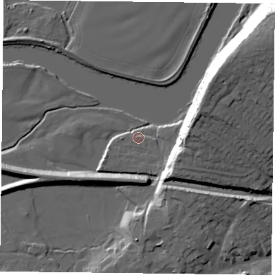 Shaded relief map of the ground around NG122AR, computed from Environment Agency LiDAR. The ground here sits at about 20 m above sea level and falls 29 m across the surrounding 800 m. Surface water reaching this point runs off ground lying to the south-south-east, 2.5 m higher.