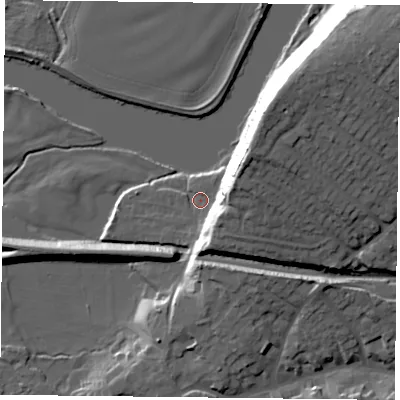 Shaded relief map of the ground around NG122AS, computed from Environment Agency LiDAR. The ground here sits at about 20 m above sea level and falls 30 m across the surrounding 800 m. Surface water reaching this point runs off ground lying to the north-east, 22.4 m higher.
