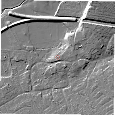Shaded relief map of the ground around NG122BP, computed from Environment Agency LiDAR. The ground here sits at about 25 m above sea level and falls 22 m across the surrounding 800 m. Surface water reaching this point runs off ground lying to the east-south-east, 1.2 m higher.