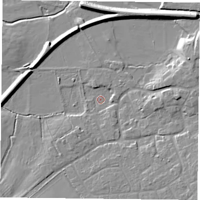 Shaded relief map of the ground around NG122BU, computed from Environment Agency LiDAR. The ground here sits at about 20 m above sea level and falls 10 m across the surrounding 800 m. Surface water reaching this point runs off ground lying to the south-east, 7.1 m higher.