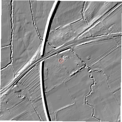 Shaded relief map of the ground around NG122DU, computed from Environment Agency LiDAR. The ground here sits at about 22 m above sea level and falls 9 m across the surrounding 800 m. Surface water reaching this point runs off ground lying to the east, 1.9 m higher.