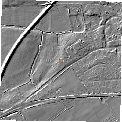 Shaded relief map of the ground around NG122DW, computed from Environment Agency LiDAR. The ground here sits at about 23 m above sea level and falls 9 m across the surrounding 800 m. The ground contributing surface water to this point lies to the south.