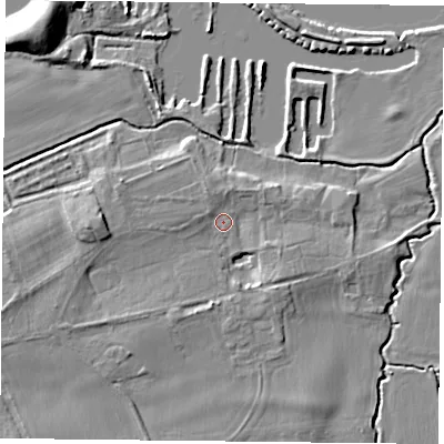 Shaded relief map of the ground around NG122LD, computed from Environment Agency LiDAR. The ground here sits at about 21 m above sea level and falls 9 m across the surrounding 800 m. Surface water reaching this point runs off ground lying to the west, 3.3 m higher.