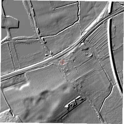 Shaded relief map of the ground around NG122LT, computed from Environment Agency LiDAR. The ground here sits at about 22 m above sea level and falls 12 m across the surrounding 800 m. Surface water reaching this point runs off ground lying to the south-south-east, 3.9 m higher.