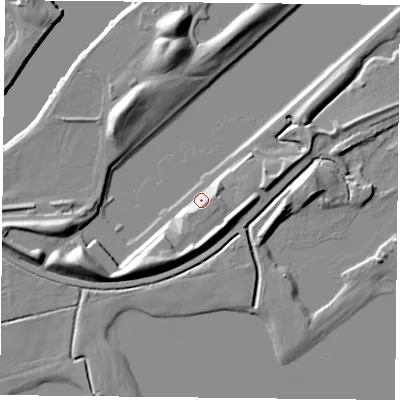 Shaded relief map of the ground around NG122LU, computed from Environment Agency LiDAR. The ground here sits at about 21 m above sea level and falls 12 m across the surrounding 800 m. Surface water reaching this point runs off ground lying to the east, 4.9 m higher.