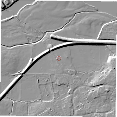 Shaded relief map of the ground around NG122LW, computed from Environment Agency LiDAR. The ground here sits at about 20 m above sea level and falls 10 m across the surrounding 800 m. Surface water reaching this point runs off ground lying to the east, 8.9 m higher.