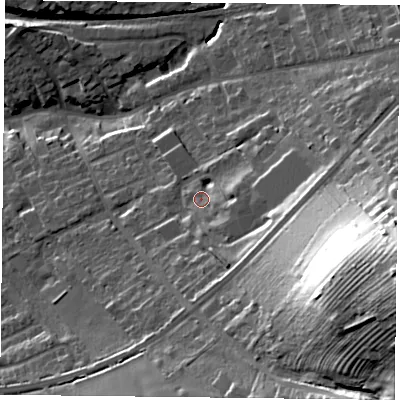 Shaded relief map of the ground around NG122LY, computed from Environment Agency LiDAR. The ground here sits at about 33 m above sea level and falls 50 m across the surrounding 800 m. Surface water reaching this point runs off ground lying to the south-east, 4.4 m higher.