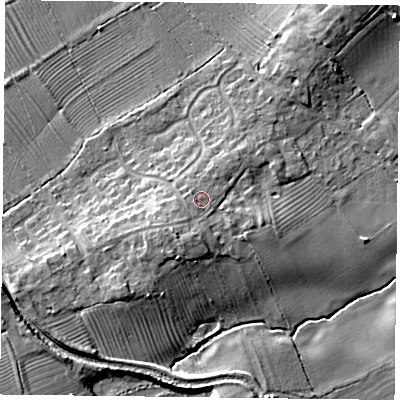Shaded relief map of the ground around NG123EA, computed from Environment Agency LiDAR. The ground here sits at about 45 m above sea level and falls 10 m across the surrounding 800 m. Surface water reaching this point runs off ground lying to the south-west, 2.5 m higher.