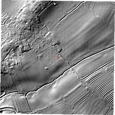 Shaded relief map of the ground around NG123ED, computed from Environment Agency LiDAR. The ground here sits at about 40 m above sea level and falls 10 m across the surrounding 800 m. Surface water reaching this point runs off ground lying to the west-south-west, 7.5 m higher.