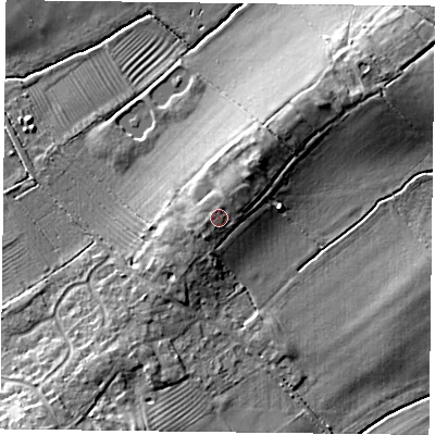 Shaded relief map of the ground around NG123EF, computed from Environment Agency LiDAR. The ground here sits at about 44 m above sea level and falls 13 m across the surrounding 800 m. Surface water reaching this point runs off ground lying to the north-north-east, 1.2 m higher.