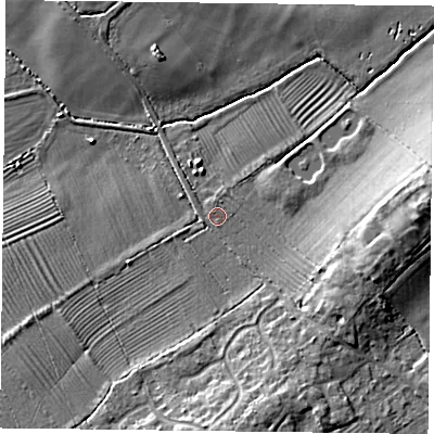 Shaded relief map of the ground around NG123EH, computed from Environment Agency LiDAR. The ground here sits at about 39 m above sea level and falls 10 m across the surrounding 800 m. Surface water reaching this point runs off ground lying to the west-south-west, 0.6 m higher.