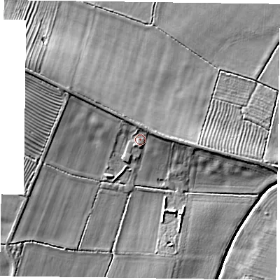 Shaded relief map of the ground around NG123FT, computed from Environment Agency LiDAR. The ground here sits at about 32 m above sea level and falls 10 m across the surrounding 800 m. Surface water reaching this point runs off ground lying to the east-north-east, 2.8 m higher.