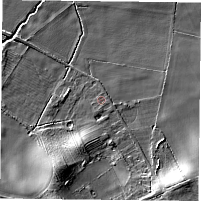 Shaded relief map of the ground around NG124FY, computed from Environment Agency LiDAR. The ground here sits at about 33 m above sea level and falls 12 m across the surrounding 800 m. Surface water reaching this point runs off ground lying to the south, 0.9 m higher.