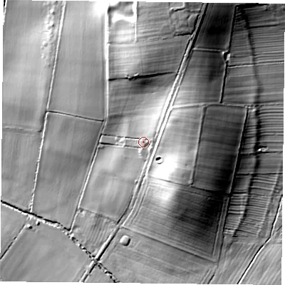Shaded relief map of the ground around NG125AR, computed from Environment Agency LiDAR. The ground here sits at about 57 m above sea level and falls 36 m across the surrounding 800 m. Surface water reaching this point runs off ground lying to the east-north-east, 6.5 m higher.