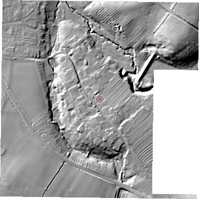 Shaded relief map of the ground around NG125NN, computed from Environment Agency LiDAR. The ground here sits at about 52 m above sea level and falls 20 m across the surrounding 800 m. Surface water reaching this point runs off ground lying to the south, 4.8 m higher.